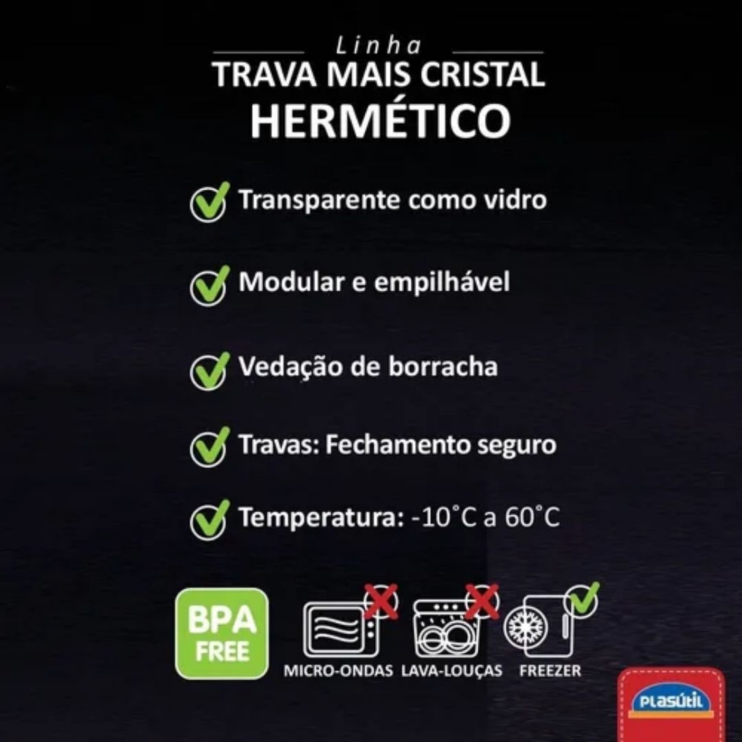 Conjunto Pote Hermético Retangular Trava Mais Cristal 3 Pç Plasutil